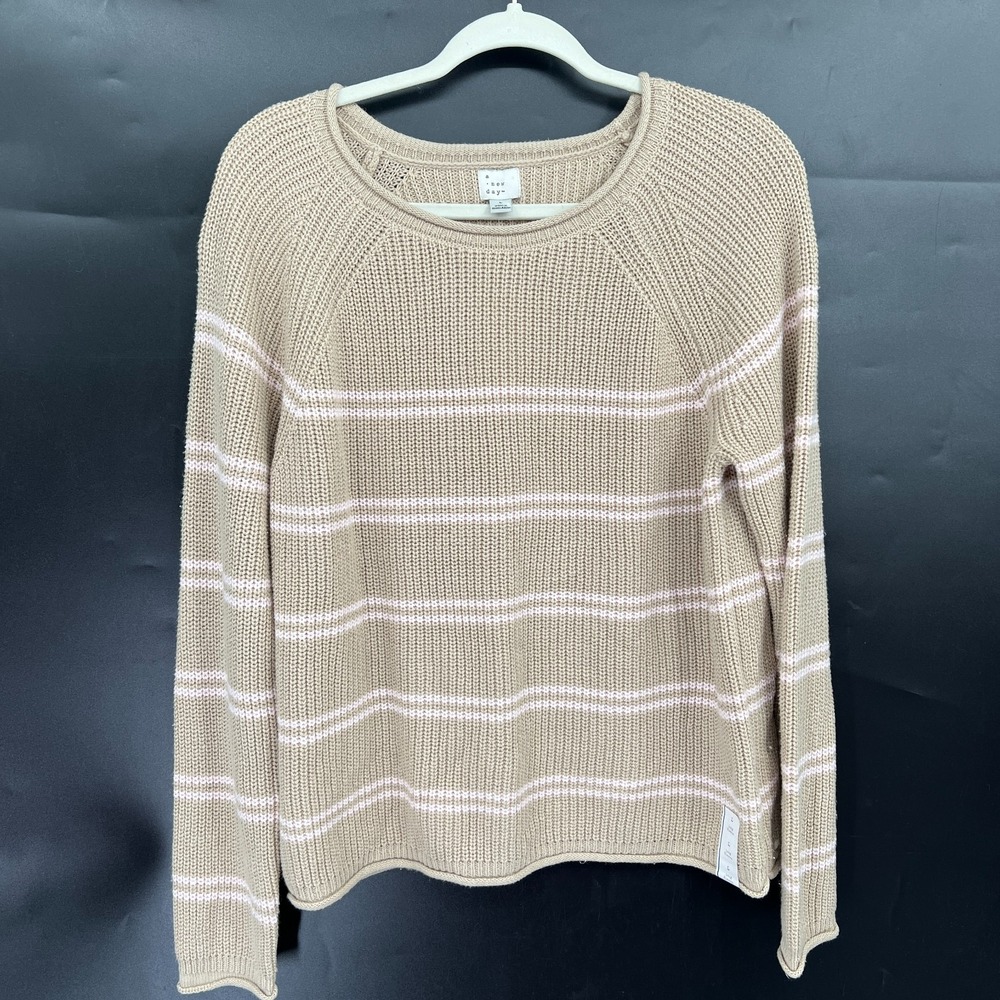 NEW‎ beige pink striped roll neck cotton blend sweater minimalist preppy cpzy L